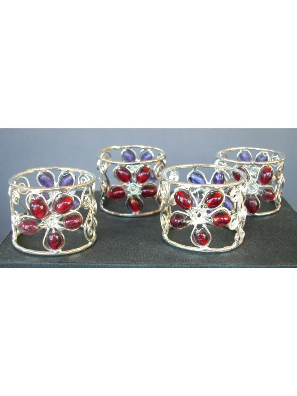 Artisan Silver-Tone Wire Napkin Rings Red & Purple Accents